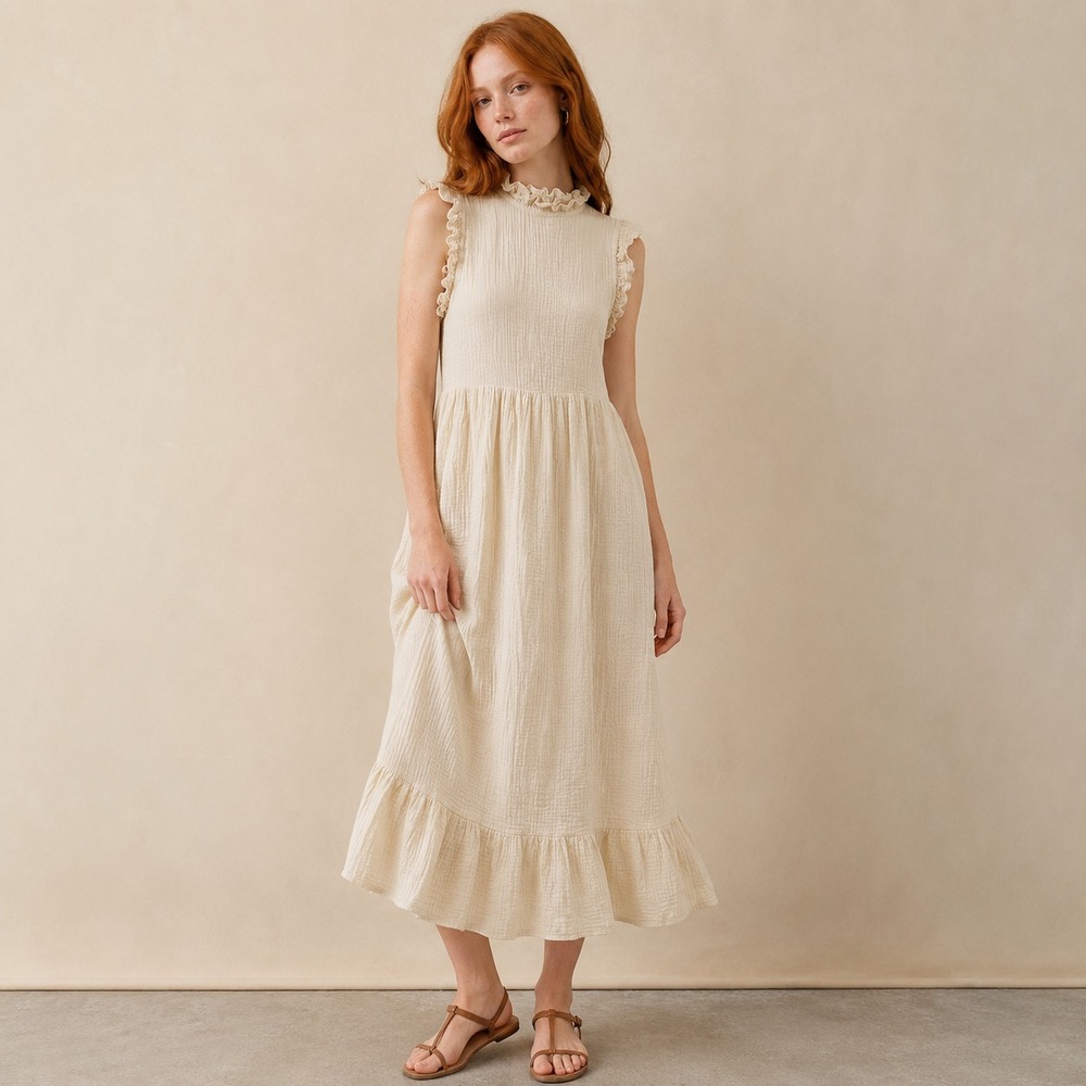 Urban Outfitters Sleeveless Women's Midi Dress Off-White Ruffled XS
